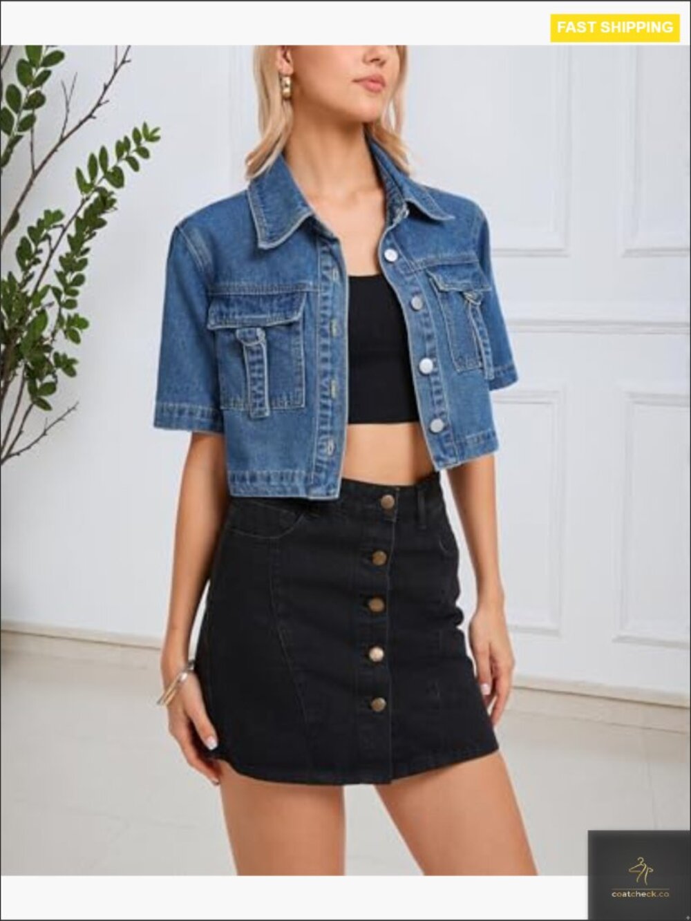 Cropped Denim Jacket Lightweight Short Sleeve Trucker Button Down Trendy Y2K - Picture 4 of 6